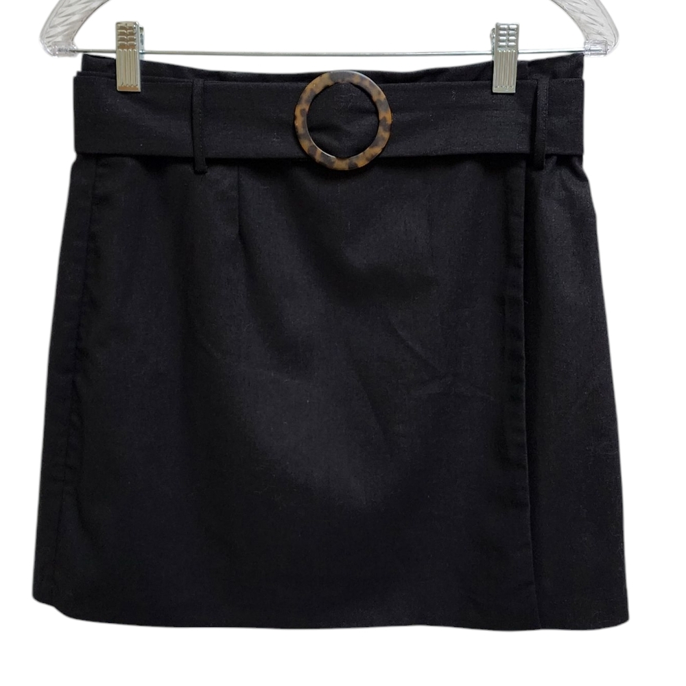 Sugar+Lips Skirt Womens M Black Linen Blend Faux Wrap Belt Side Zip Lined Mini